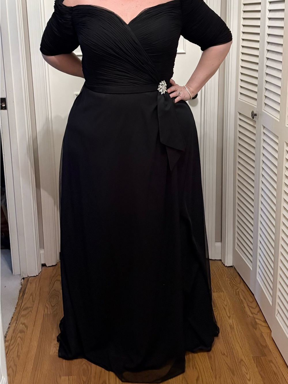 Sydney's Closet Black Off-the-Shoulder Formal Mother of Bride with Elbow Sleeves